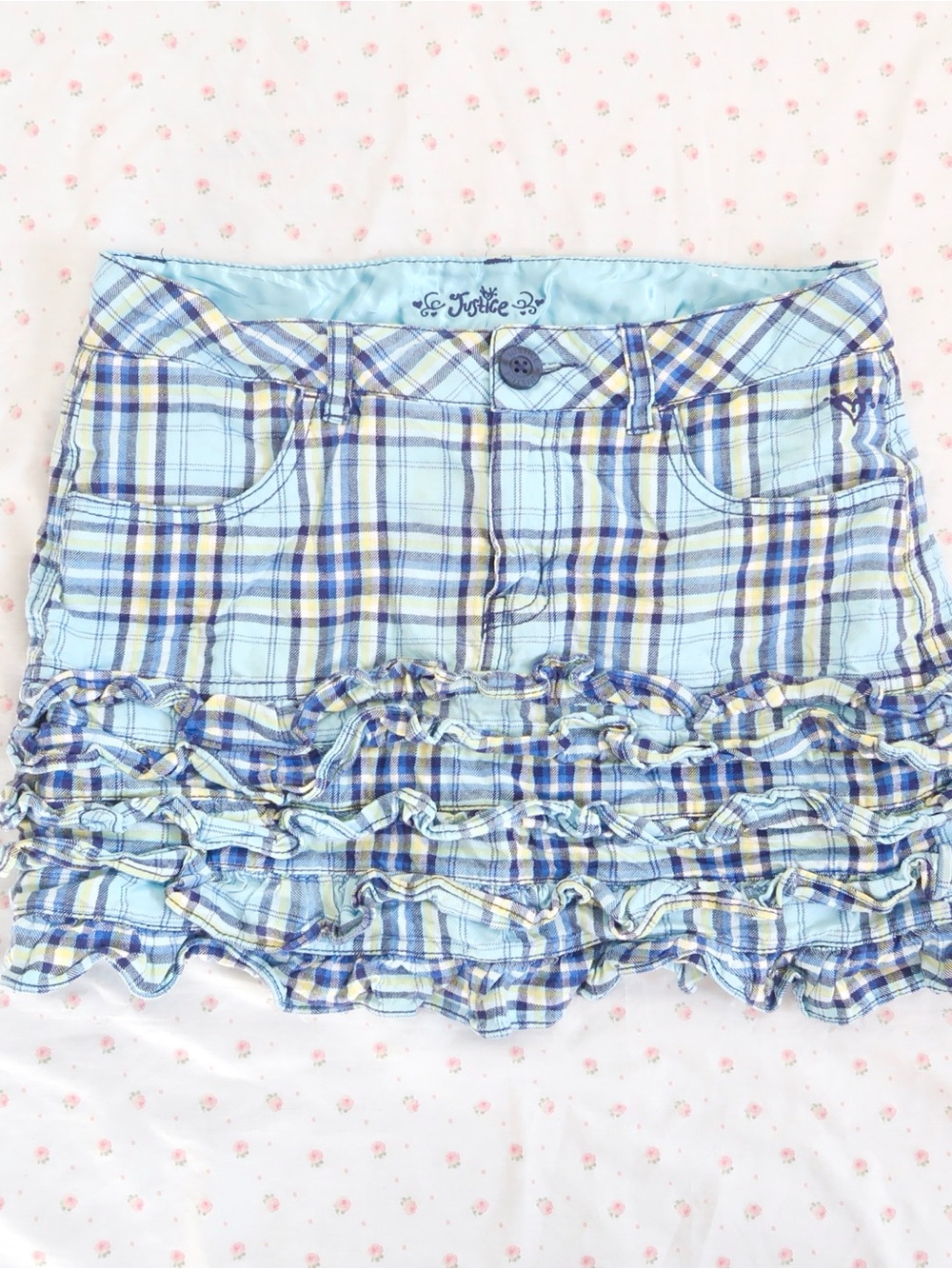 Y2k Light Blue Plaid Ruffle Hem Mini Skirt